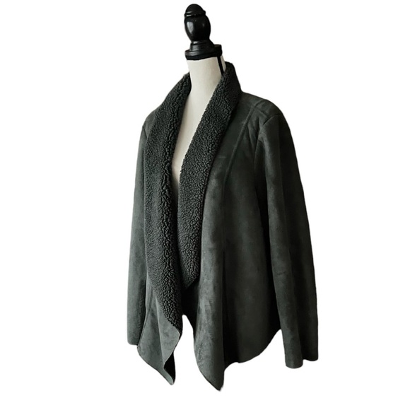 Denim&Co 1X Faux Suede Sherpa-lined Forest Green Open Front Jacket - Picture 3 of 7